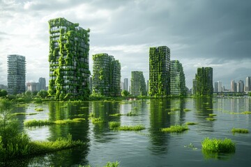 Fototapeta premium Urban landscape featuring eco-friendly architecture surrounded by water and greenery in a modern city environment