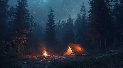 Esperienza di campeggio e avventura in una tenda illuminata, allestita in una foresta, sotto il cielo buio della notte stellato.