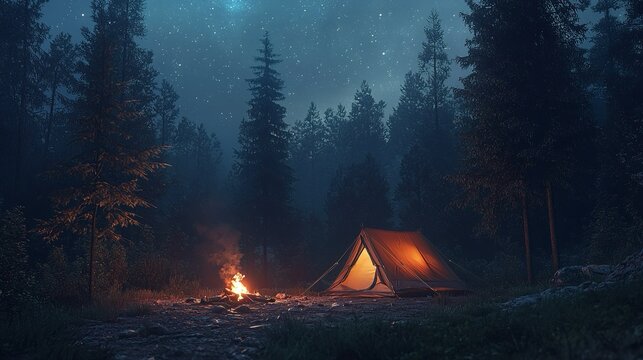 Esperienza di campeggio e avventura in una tenda illuminata, allestita in una foresta, sotto il cielo buio della notte stellato.