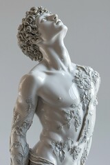 Scultura di marmo, che rappresenta una figura umana maschile con il viso rivolto verso l'alto.  Dettagli floreali che sembrano intrecciarsi sul corpo, con muscolatura ben definita e posa elegante