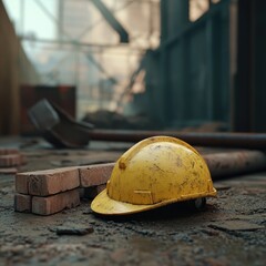 Construction Helmet in a Destroyed Building