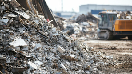 A large pile of construction debris consisting of broken concrete and rubble sits at a construction site, with a bulldozer operating nearby during the day