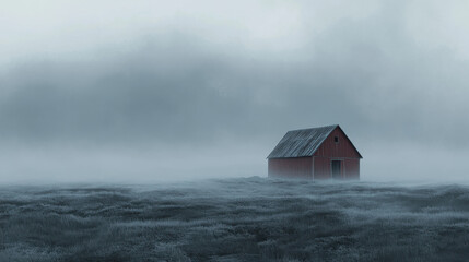 A secluded red barn stands alone in a foggy field. The mist blankets the ground, creating a serene and mysterious atmosphere during the early morning hours