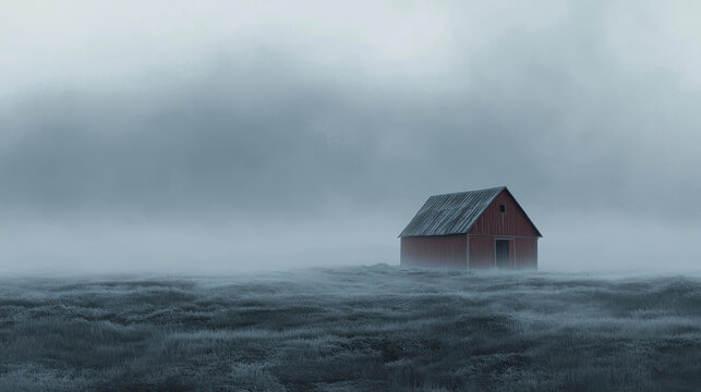 A secluded red barn stands alone in a foggy field. The mist blankets the ground, creating a serene and mysterious atmosphere during the early morning hours - Powered by Adobe
