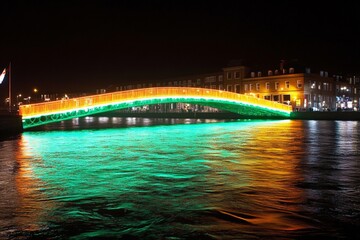 Obraz premium Colorful bridge illuminated at night over a river in a bustling cityscape