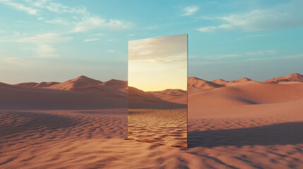 A tall, reflective mirror stands in the middle of a vast desert, capturing the warm hues of a sunset. Surrounding sand dunes create a serene and tranquil atmosphere under a clear sky