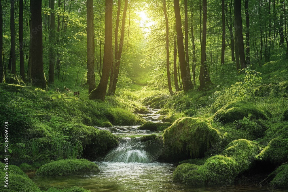 Poster sunlight filters through a lush forest canopy over a tranquil stream in a serene woodland setting