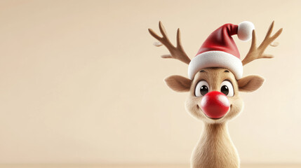 A cheerful reindeer stands against a neutral background, wearing a red and white festive hat. Its bright red nose and playful expression evoke holiday spirit and joy during Christmas time