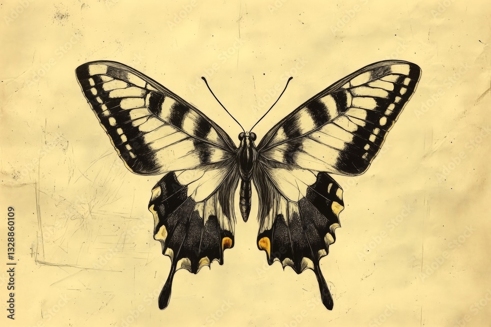 Poster Detailed illustration of a butterfly displaying intricate patterns and colors, emphasizing natural beauty and symmetry