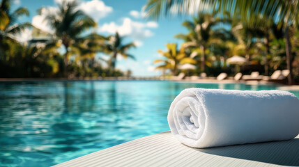 Obraz premium A beautiful pool viewed under a sunny sky with fluffy clouds. A white rolled towel rests invitingly on the edge, surrounded by lush palm trees and tranquil water