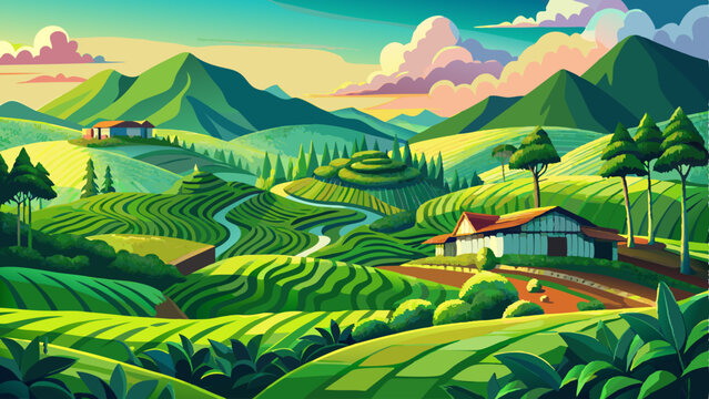 Beautiful green landscape of tea plantation in Cameron Highlands