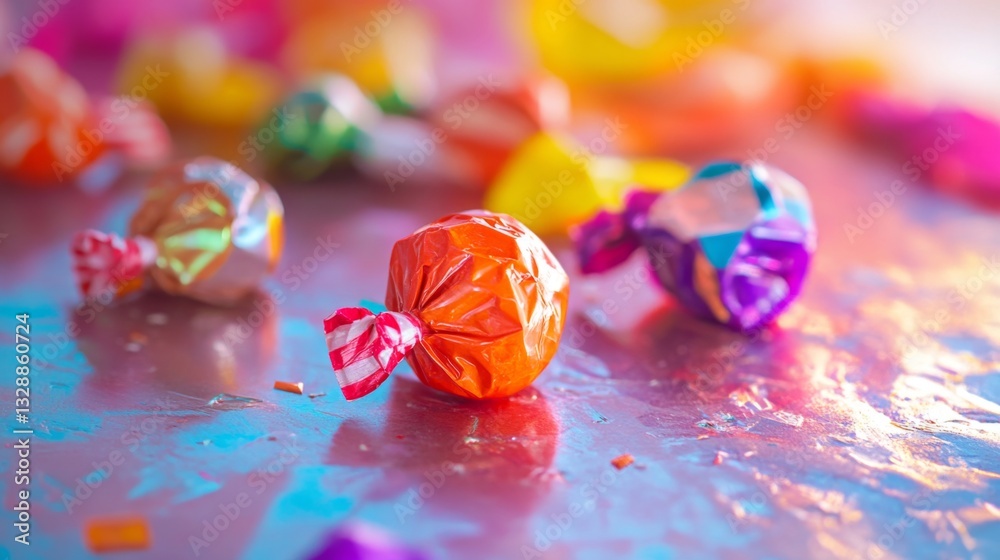 Aufkleber An artistic photo of a scattered mix of  on a bright surface, with a focus on the different textures and patterns of the candy wrappers.