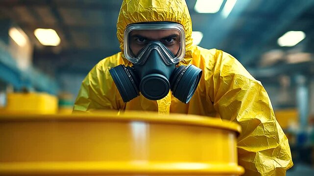 A man in a bright yellow hazmat suit with a gas mask, standing near a yellow barrel of hazardous materials. The worker ensures safety in a chemical industry environment, with a str