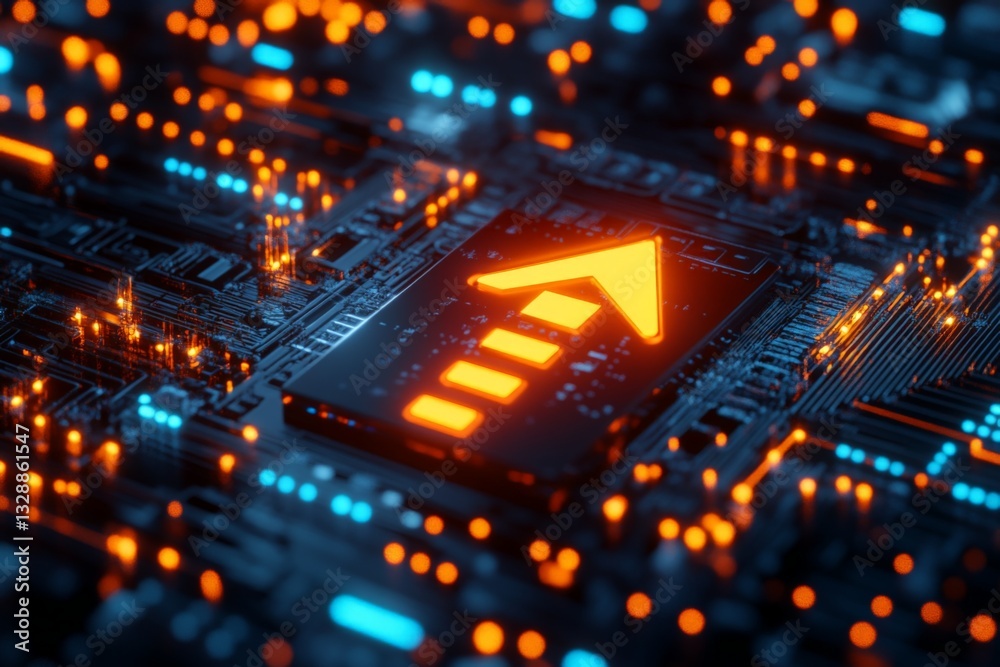 Poster Circuit board illuminated with vibrant lights and upward arrow symbol indicating progress and innovation