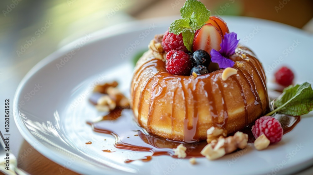 Poster an artistic shot of a donut with a drizzle of caramel or icing, placed on a white plate with a few n