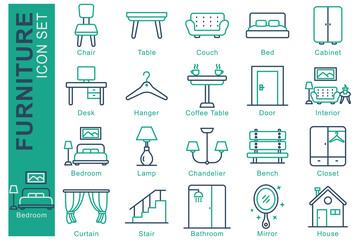Furniture icon set. line icon style. containing icon bedroom, chandelier, chair and more. interior element vector illustration