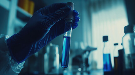 In a dimly lit laboratory, a gloved hand grips a test tube filled with vibrant blue liquid, surrounded by various glass containers and illuminated by soft light filtering through a window