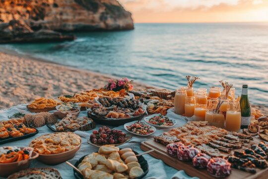 Sunset beach picnic featuring an array of delicious food and drinks with ocean views