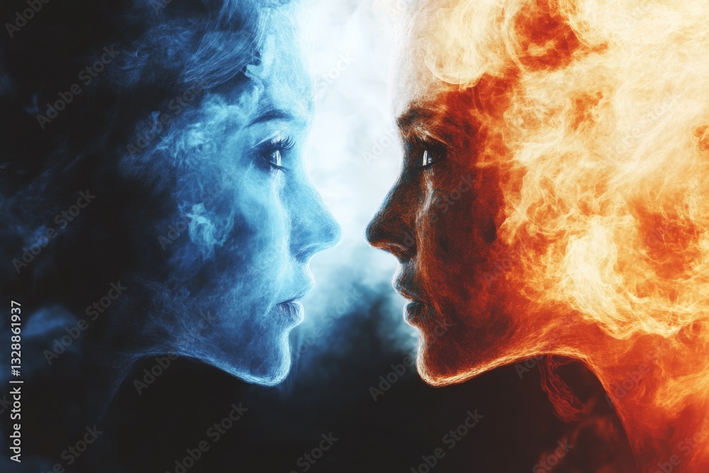 Poster Two faces embodying fire and ice in a striking visual contrast of elemental forces