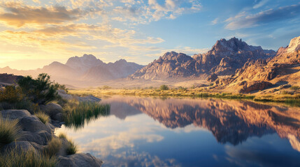 A serene lake mirrors the colorful sky and jagged mountains during sunset. The golden light bathes the landscape, creating a tranquil atmosphere in the wilderness