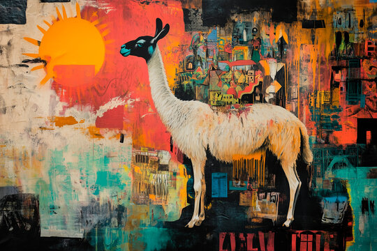 
dynamic urban collage with spray-painted llamas, bold depictions of Bolivian deities, Carnival dancers, and La Paz&rsquo;s cityscape, edgy and contemporary style

