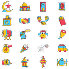 Fototapeta premium This is a collection of flat, colorful vector icons related to Eid al-Fitr and Islamic traditions.