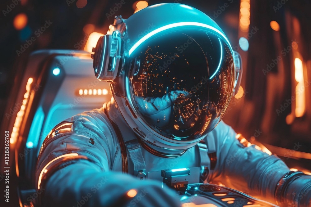 Poster astronaut navigates a futuristic spacecraft illuminated by neon lights in a distant galaxy