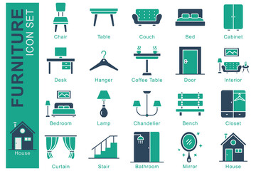 Furniture icon set. solid icon style. containing icon bedroom, chandelier, chair and more. interior element vector illustration