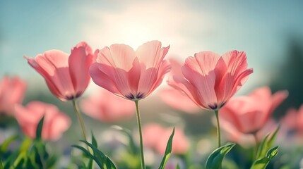 Soft pink flowers bask gently in warm sunlight peaceful serene field. AI Generated