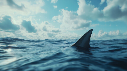 Naklejka premium A shark fin breaks the surface of the calm ocean water, surrounded by gentle waves. The sky features fluffy white clouds illuminated by bright sunlight, creating a serene atmosphere