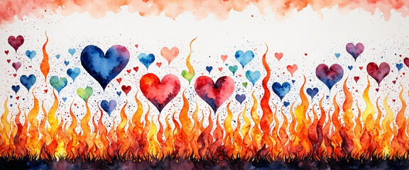 a watercolor depiction of heart shapes engulfed in vibrant flames