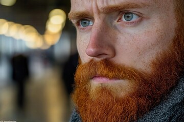 A close-up shot of a man's face with a distinctive red beard