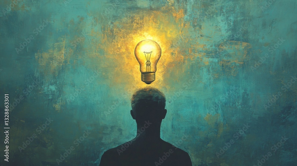 Poster an inspirational image of a light bulb glowing above a person's head, symbolizing a brilliant new id