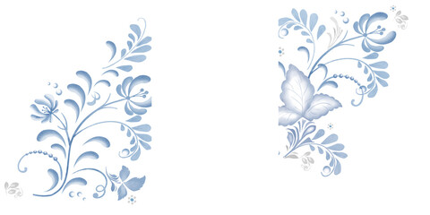 Bouquet of blue colors and leaves, with twigs. The Russian -style ornament is isolated against the background. Watercolor illustration in digital. Stylized pattern in the form of flowers and plants