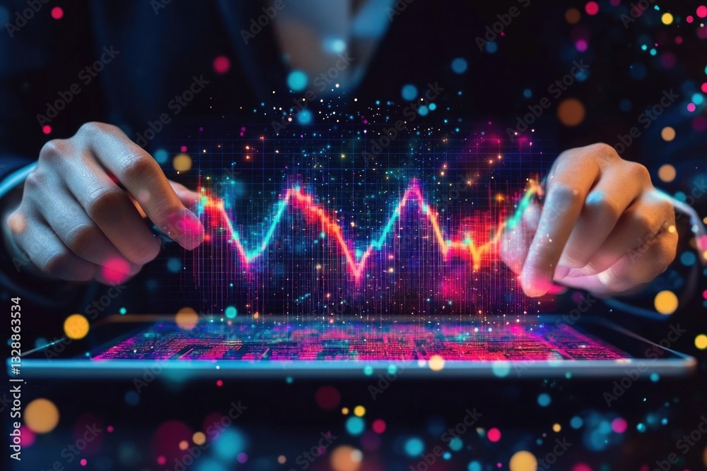 Poster A person holding a tablet displaying a graphical representation of an ocean wave