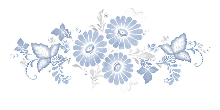 Blue leaves and berries, a floral bouquet with twigs. An ornament in the Russian style isolated on a white background. Watercolor digital illustration. People's traditional Slavic Flower Motive.