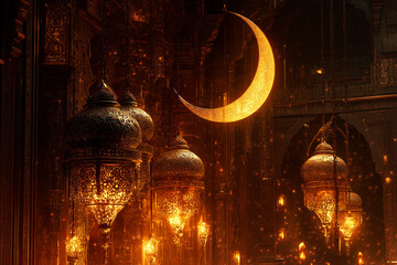Fototapeta premium golden lanterns, crescent moon, intricate Arabic calligraphy, warm glowing ambiance