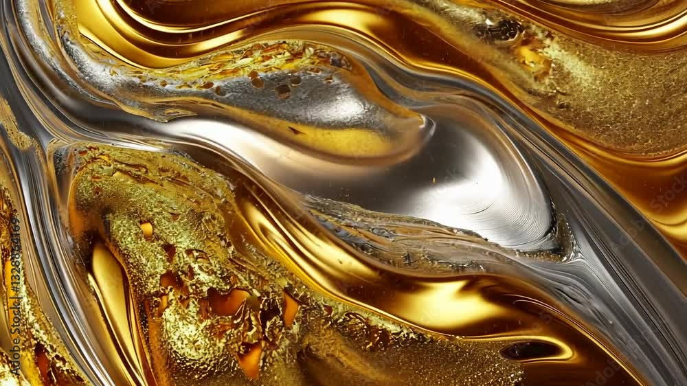 Wall mural abstract fluid texture with golden and silver tones showcasing intricate swirls and patterns
