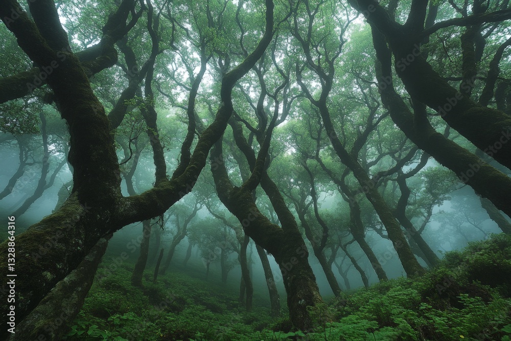 Aufkleber mysterious fog envelops twisted trees in a lush forest landscape at dawn