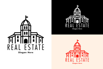 ancient building with flag, icon, vector, logo for hotel, property agent, property dealers, rental property, hotel booking, historical place, travel, vacation, apartment, builders, construction