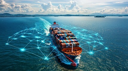 Container Ship with Digital Network Overlay at Sea