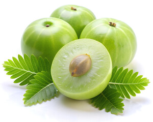Obraz premium Fresh amla (Indian gooseberry) fruits with cut in half levitate isolated on white background.greenish yellow fruit with high vitamin c and health benefits in traditional ayurveda medicine