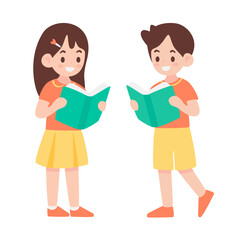 Happy children reading books together in casual outfits with smiling expressions
