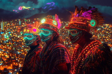 
neon-lit La Paz skyline blended with traditional Aymara motifs, futuristic tribal warriors, and holographic indigenous masks, high-tech aesthetic

