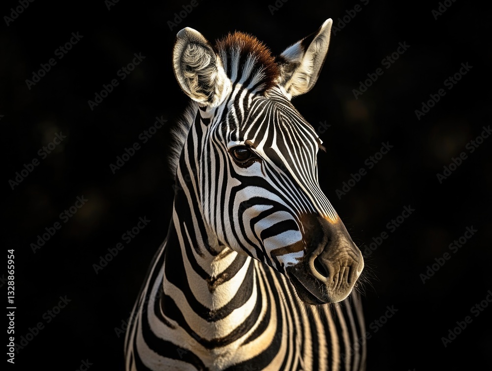 Poster a close-up shot of a zebra's face in a dark environment