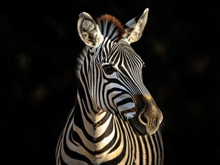 Naklejka premium A close-up shot of a zebra's face in a dark environment