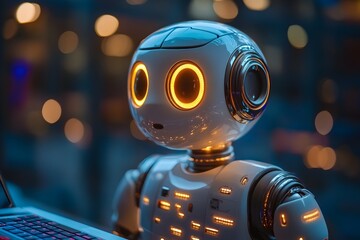 Engaging robot wearing headphones representing content creation and interaction with artificial intelligence technology