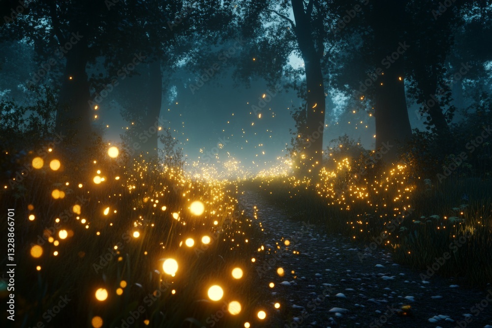 Aufkleber enchanting pathway illuminated by glowing fireflies in a forest at dusk