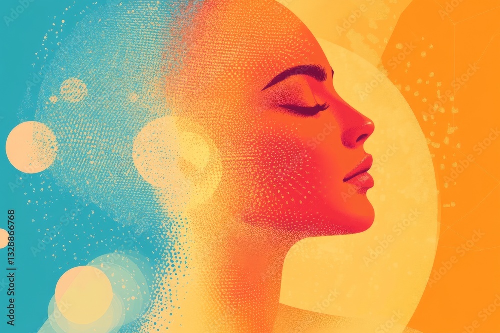 Poster vibrant profile of a woman blending colors and abstract elements in a creative artistic expression