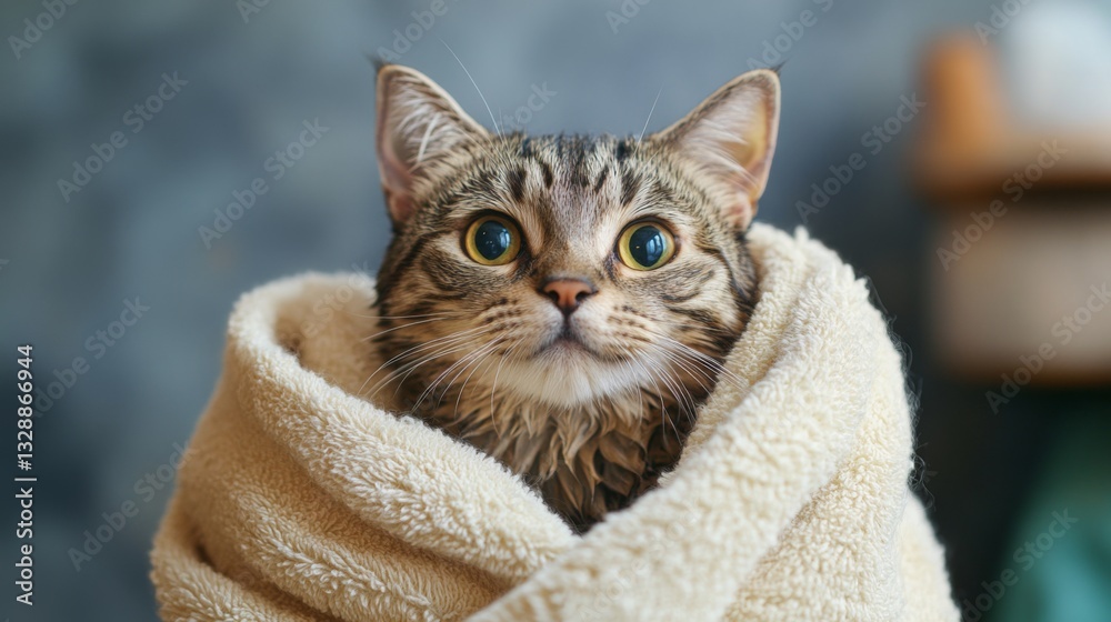 Poster a charming image of a cat wrapped in a towel after its bath, looking cozy and content, with its wet 